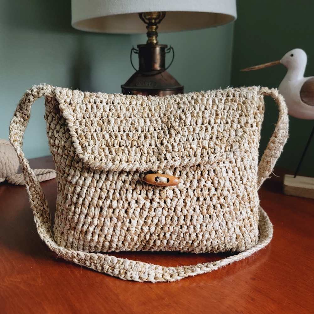 DKNY Vintage Natural Raffia Straw Woven Crossbody Shoulder Bag